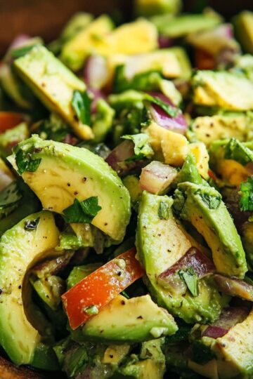 Fresh avocado salad with cucumber, red onion, and herbs in wooden bowl with lime dressing
