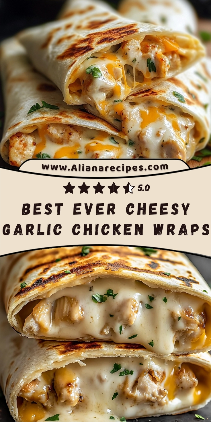 Cheesy garlic chicken wraps cut in half revealing melted cheese interior with seasoned chicken and herbs