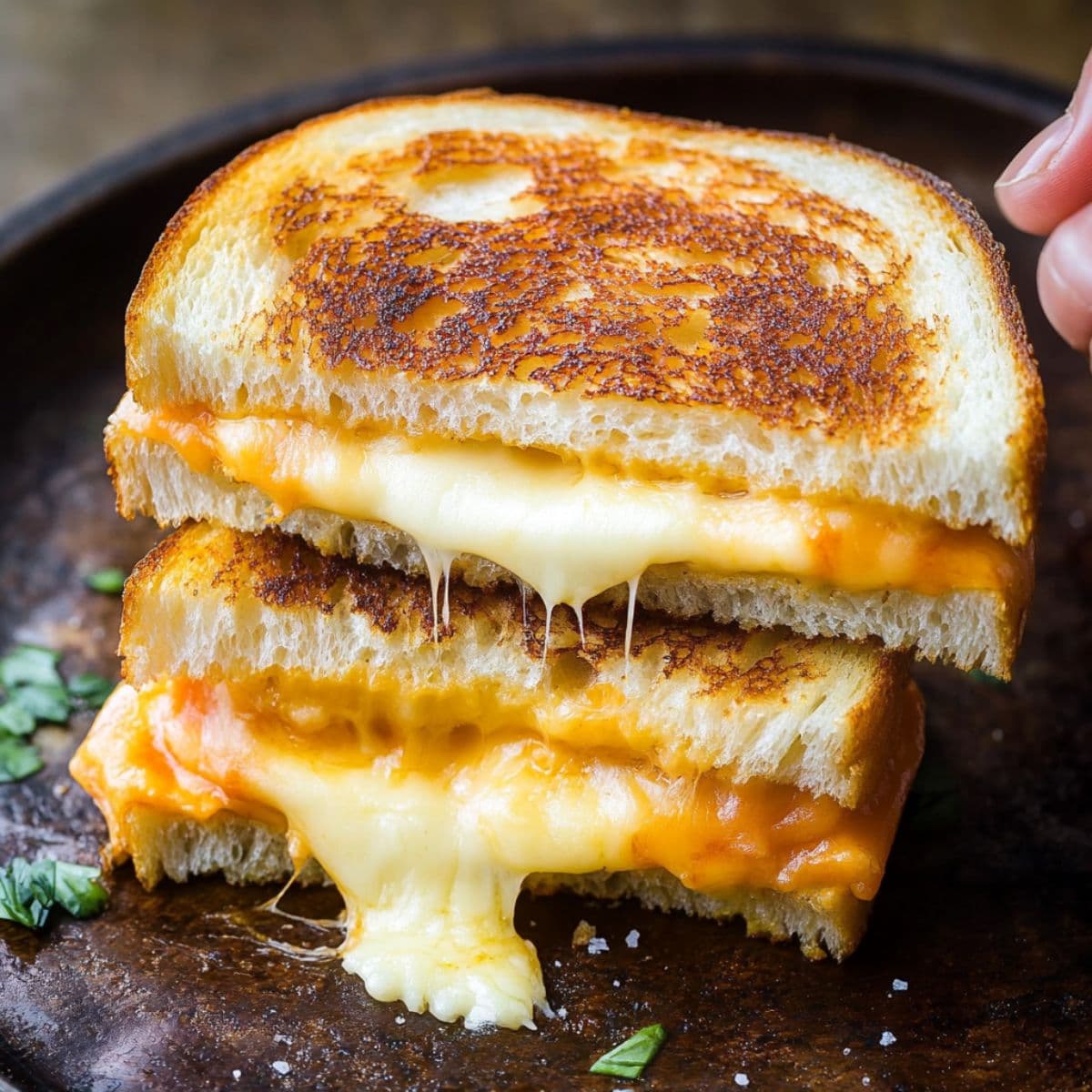 Grilled cheese sandwich with melted cheese oozing out, golden brown crust on dark plate