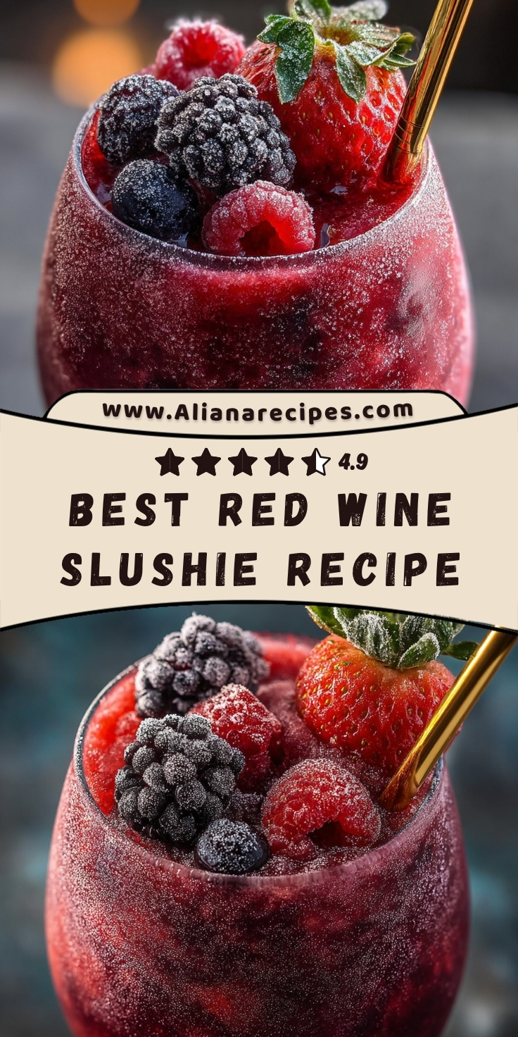 Red wine slushie recipe showing frozen cocktail with mixed berries, strawberry garnish in frosty glass