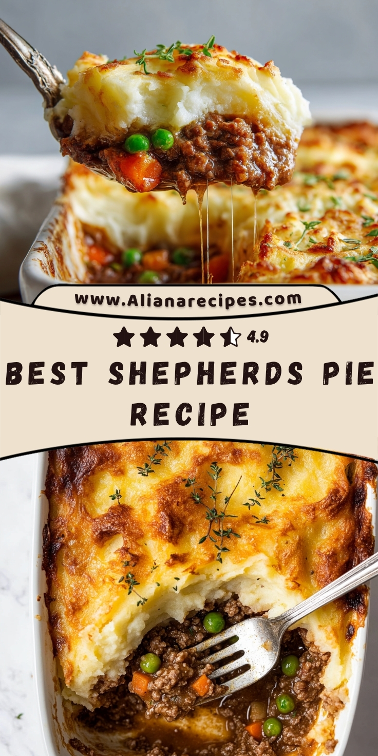 Shepherds pie recipe showing golden potato topping with savory meat and vegetable filling being served on spoon