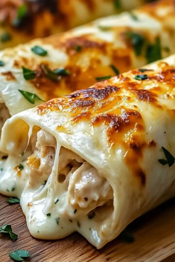 Cheesy garlic chicken wraps on wooden board showing melted cheese oozing from golden toasted tortillas with fresh parsley garnish