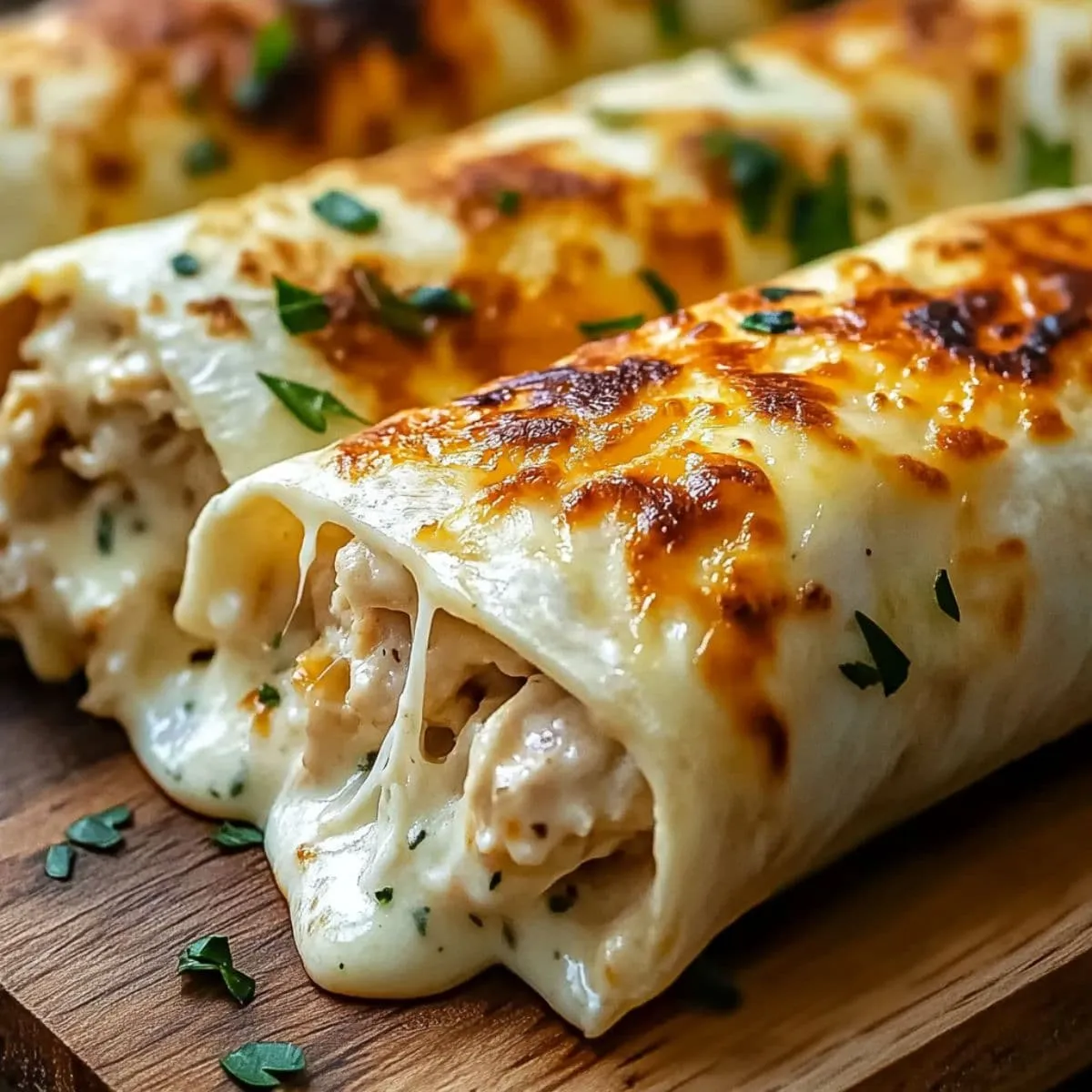Cheesy garlic chicken wraps on wooden board showing melted cheese oozing from golden toasted tortillas with fresh parsley garnish