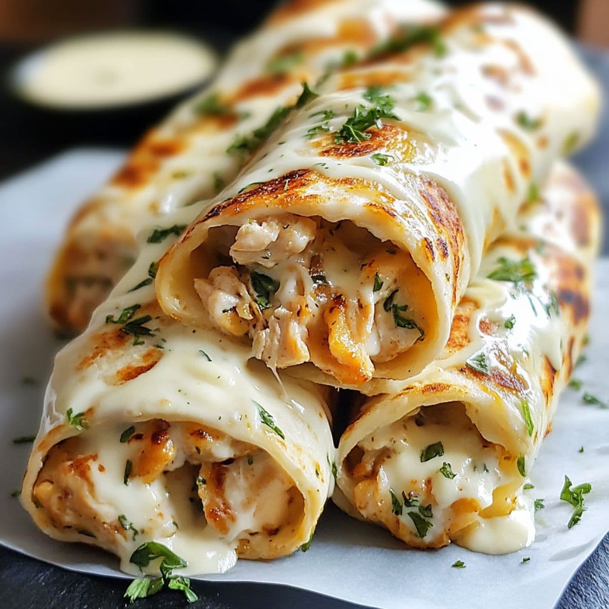 Chicken wraps with melted cheese filling arranged on white plate showing perfect side dish presentation with creamy dipping sauce