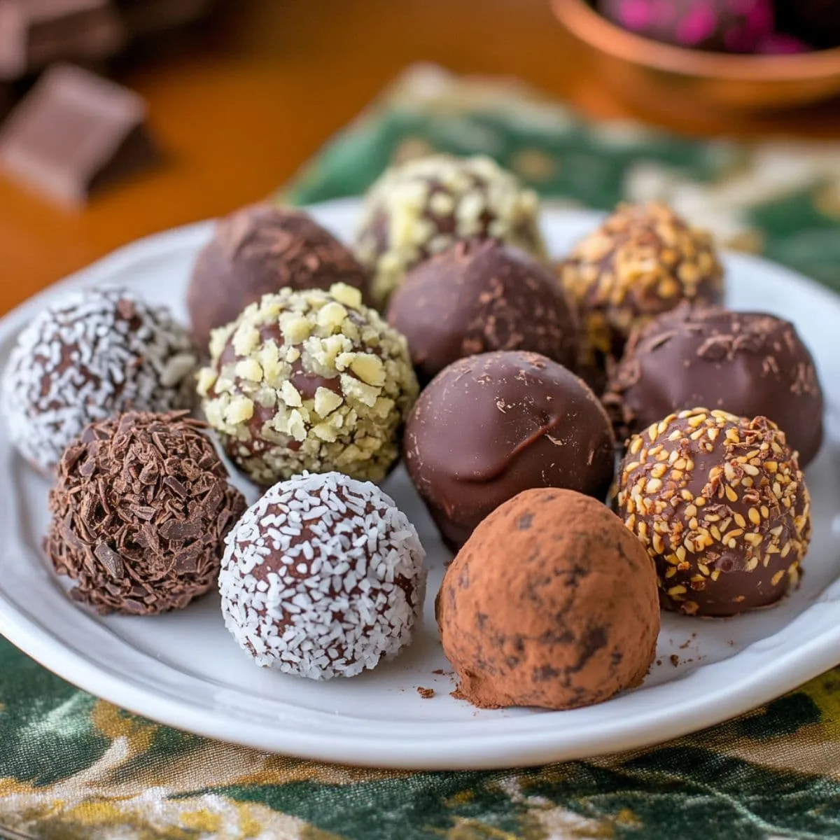 Elegant chocolate truffles with different coatings served on white plate for dessert presentation and party serving ideas