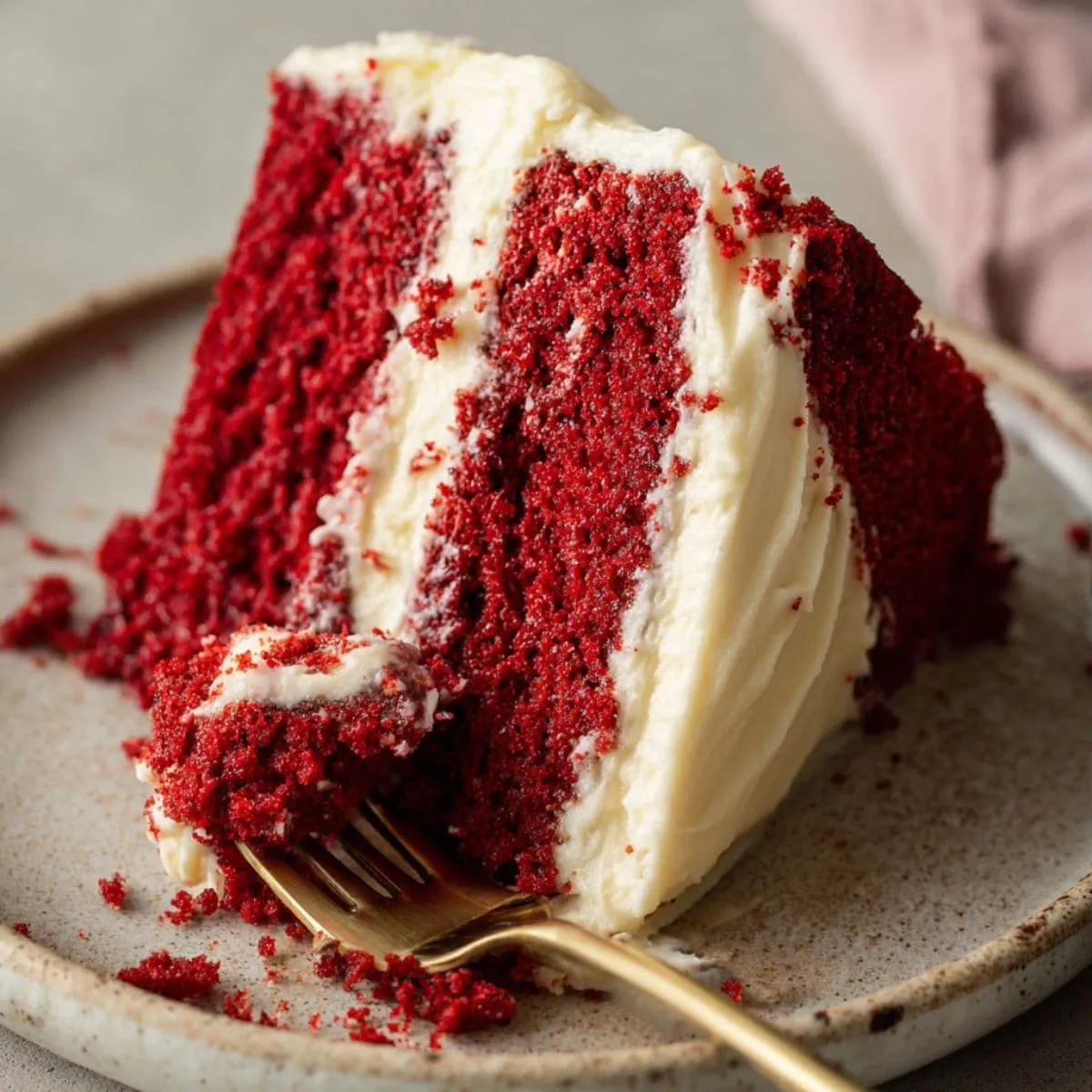 Classic red velvet cake slice with fluffy red layers and cream cheese frosting on ceramic plate with gold fork