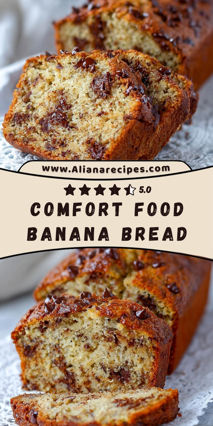 Banana bread recipe showing sliced moist comfort food loaf with chocolate chips and golden brown crust