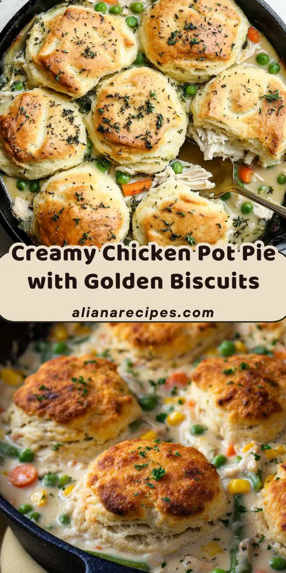 Chicken pot pie with golden biscuits in cast iron skillet showing creamy white sauce with visible chicken pieces, bright green peas, orange carrots and fresh herbs