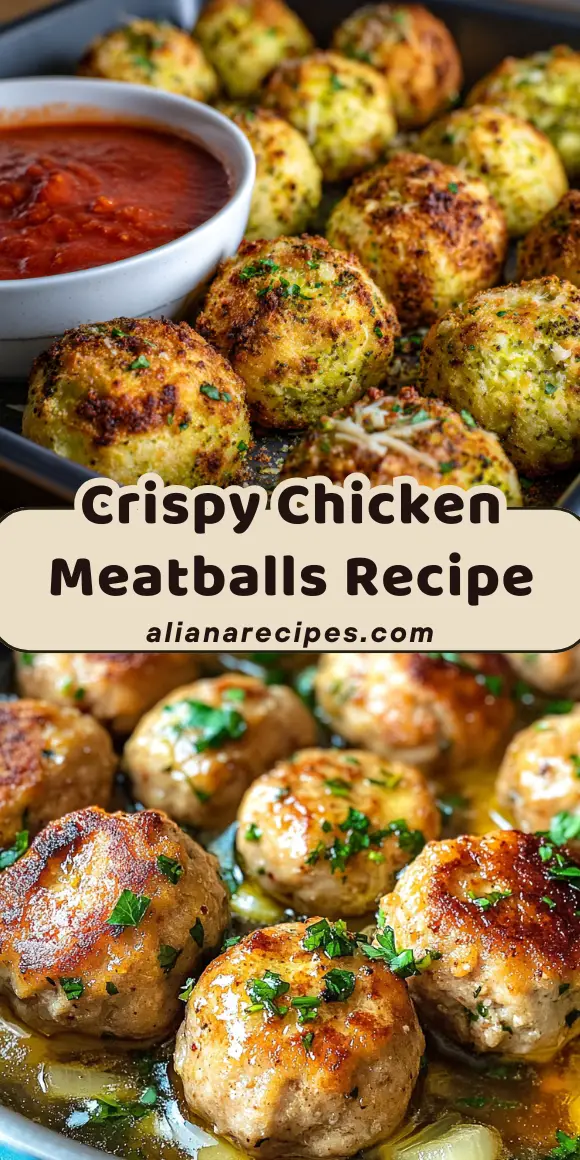 Chicken meatballs recipe featuring crispy golden meatballs with herbs and marinara dipping sauce in cast iron pan