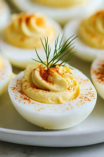 Classic deviled eggs garnished with fresh dill and paprika on white plate, showing creamy yellow filling and perfect presentation