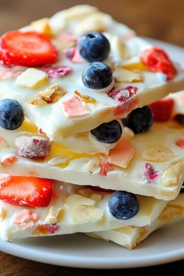 Yogurt bark stacked pieces with mixed berries, nuts and colorful toppings on white plate