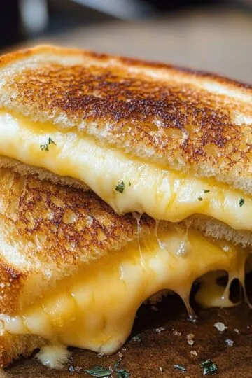 Grilled cheese sandwich cut in half showing melted cheese stretching with golden crispy bread