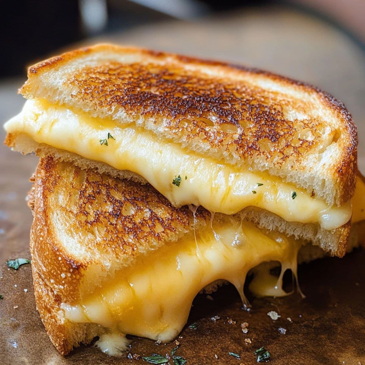 Grilled cheese sandwich cut in half showing melted cheese stretching with golden crispy bread