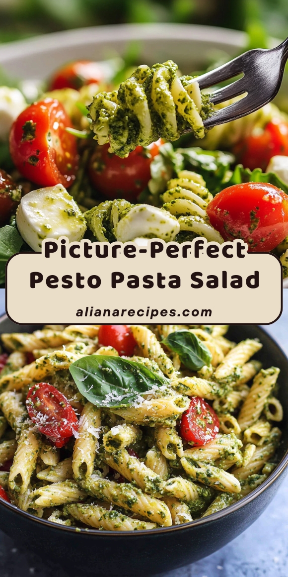 Picture perfect pesto pasta salad with stunning presentation, pesto coated pasta, cherry tomatoes and mozzarella