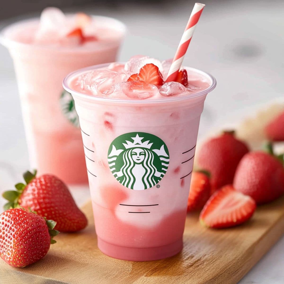 Pink drink starbucks with red striped straw surrounded by fresh strawberries on wooden board