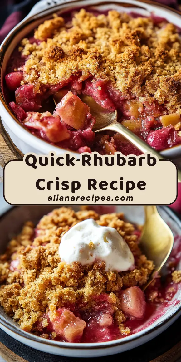 Quick rhubarb crisp recipe in a rustic baking dish with vanilla ice cream, demonstrating how fast and easy this spring fruit dessert can be made