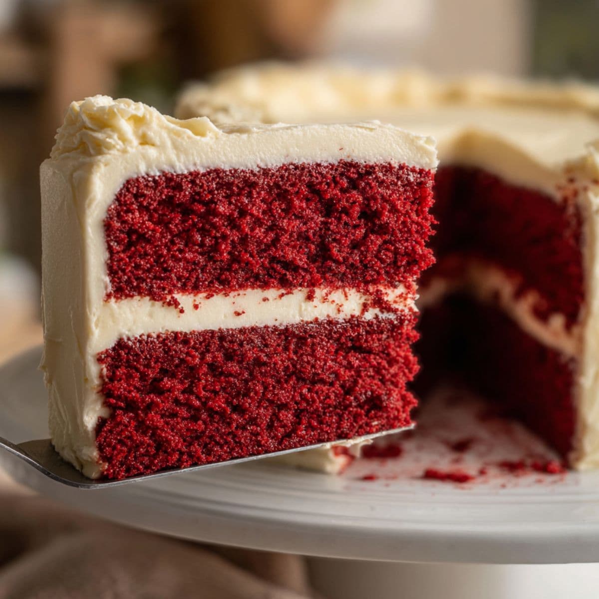 Red velvet cake slice with cream cheese frosting served on cake server showing perfect layers for dessert presentation