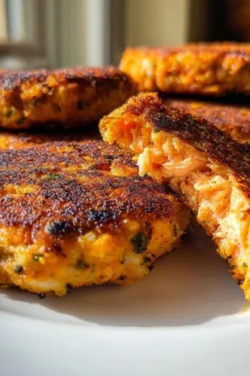 Salmon patties recipe golden crispy exterior broken open showing tender flaky fish interior