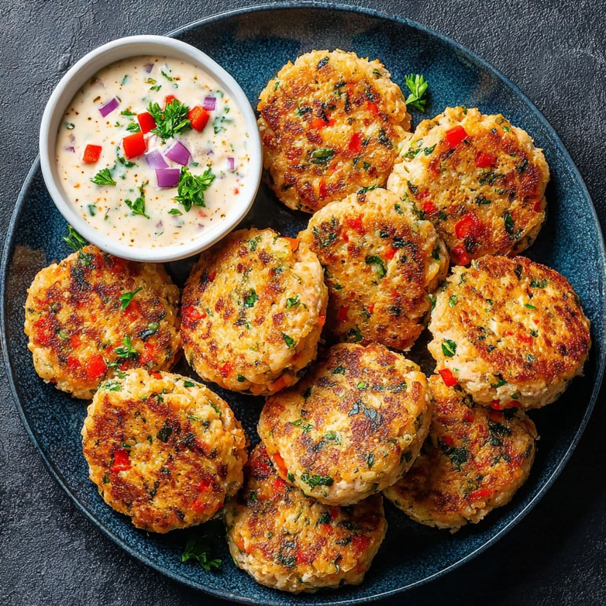 Salmon patties served with creamy mashed potatoes and green vegetables on dinner plate