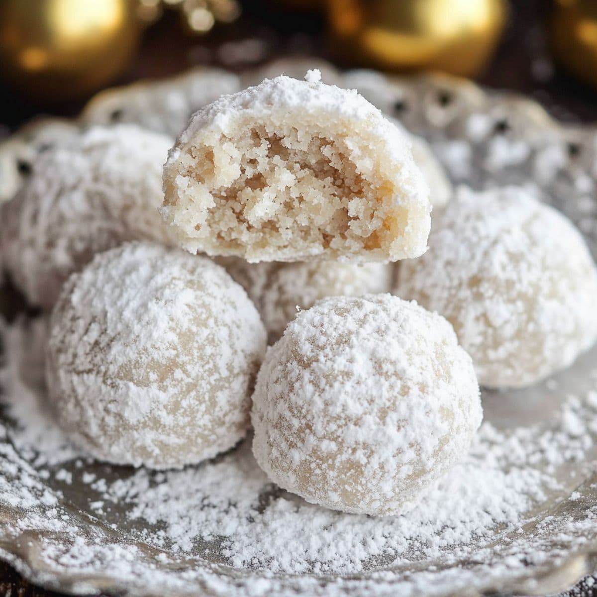 Snowball cookies with one broken open showing pecan filling, arranged on cooling rack with powdered sugar