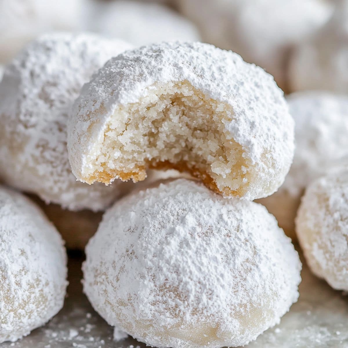 Snowball cookies covered in powdered sugar with one cookie broken in half showing crumbly texture