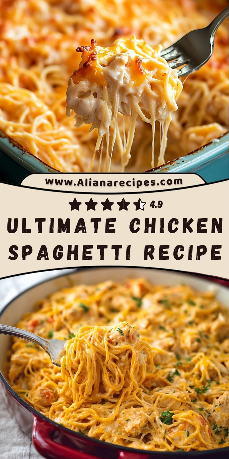 Chicken Spaghetti recipe showing creamy cheesy pasta with tender chicken pieces being lifted on a fork from a red skillet, ultimate comfort food dinner
