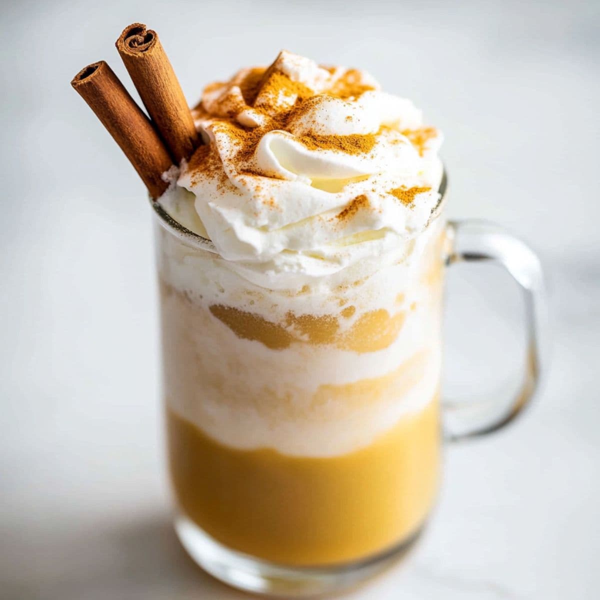 Layered pumpkin spice latte in clear glass mug with whipped cream and cinnamon sticks showing perfect coffee pairing presentation