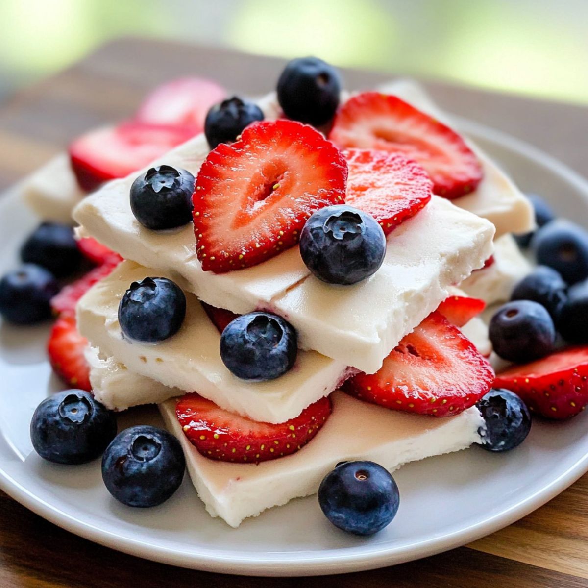 Yogurt bark pieces with fresh strawberries and blueberries arranged on white plate for serving