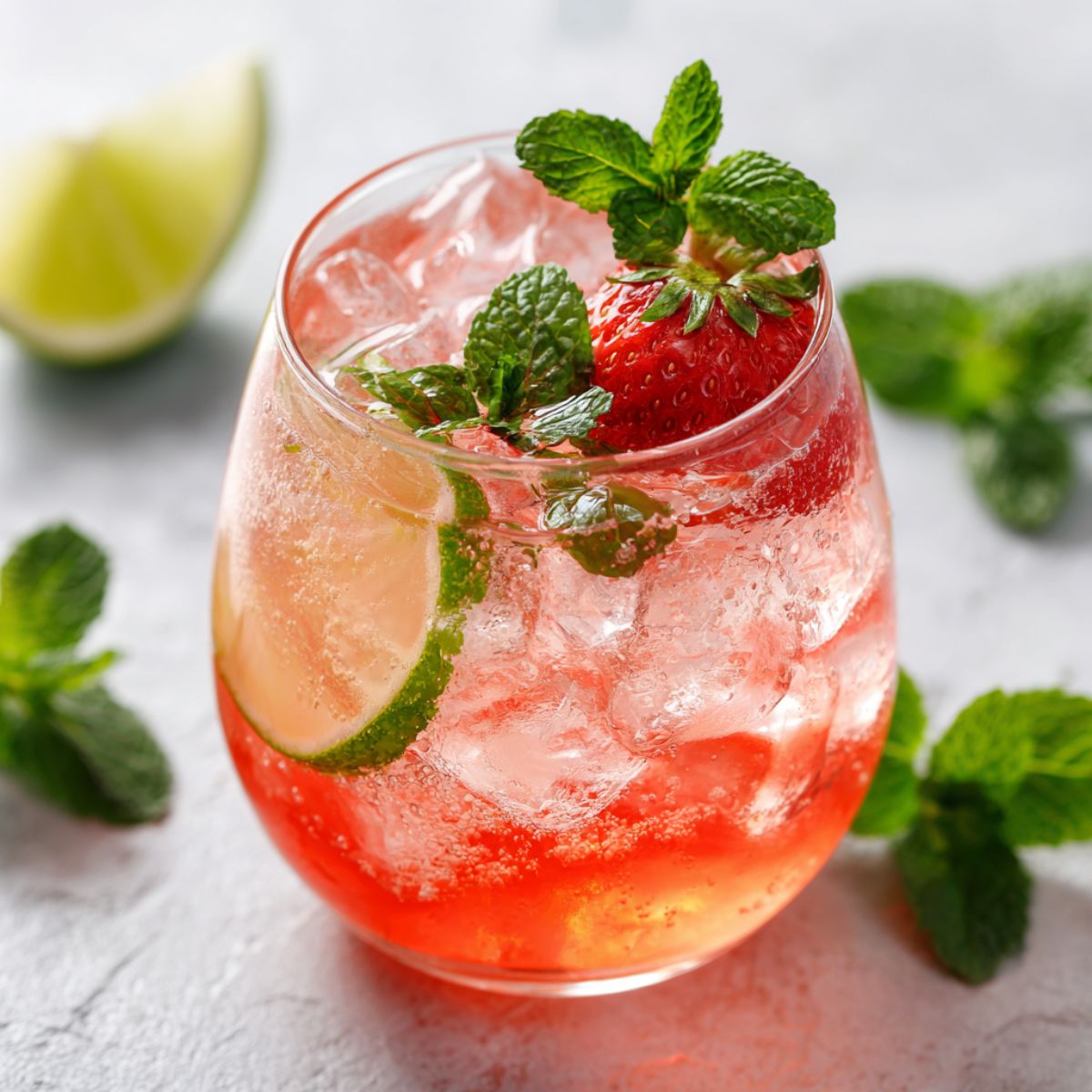 Agua fresca strawberry drink with fresh mint, lime and ice in glass, refreshing Mexican summer beverage recipe