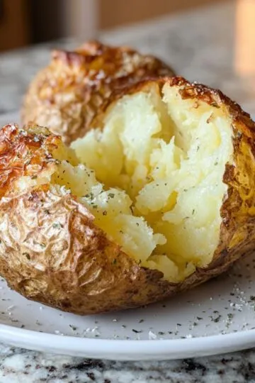 Air fryer baked potato with crispy golden skin cut open showing fluffy white interior on white plate with black pepper and herbs on marble countertop