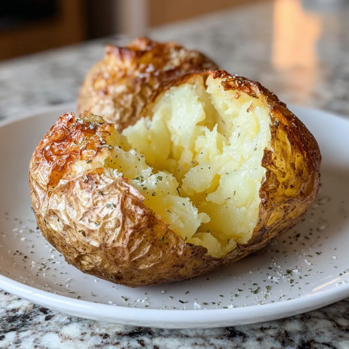 Air fryer baked potato with crispy golden skin cut open showing fluffy white interior on white plate with black pepper and herbs on marble countertop