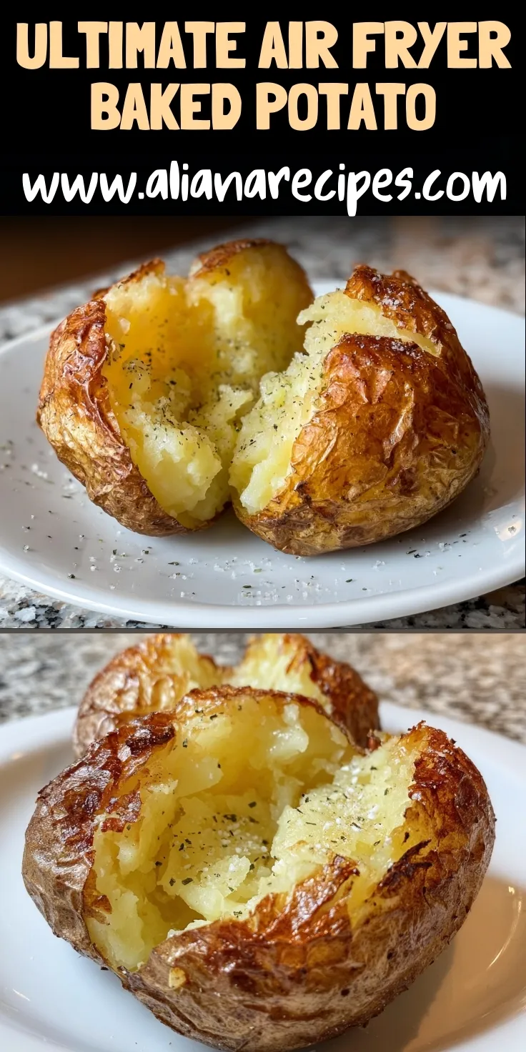 Air fryer baked potato Pinterest pin showing ultimate air fryer baked potato with crispy golden skin and fluffy white interior on white plate with Aliana Recipes branding