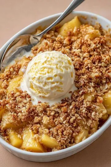Apple crisp recipe served in white bowl with vanilla ice cream and golden oat crumble topping, showing tender baked apples underneath