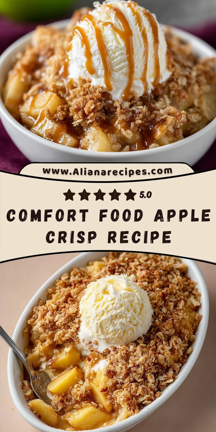 Apple crisp recipe Pinterest pin showing comfort food dessert with 5.0 star rating, featuring caramel drizzle, vanilla ice cream and golden crumble topping in white bowls
