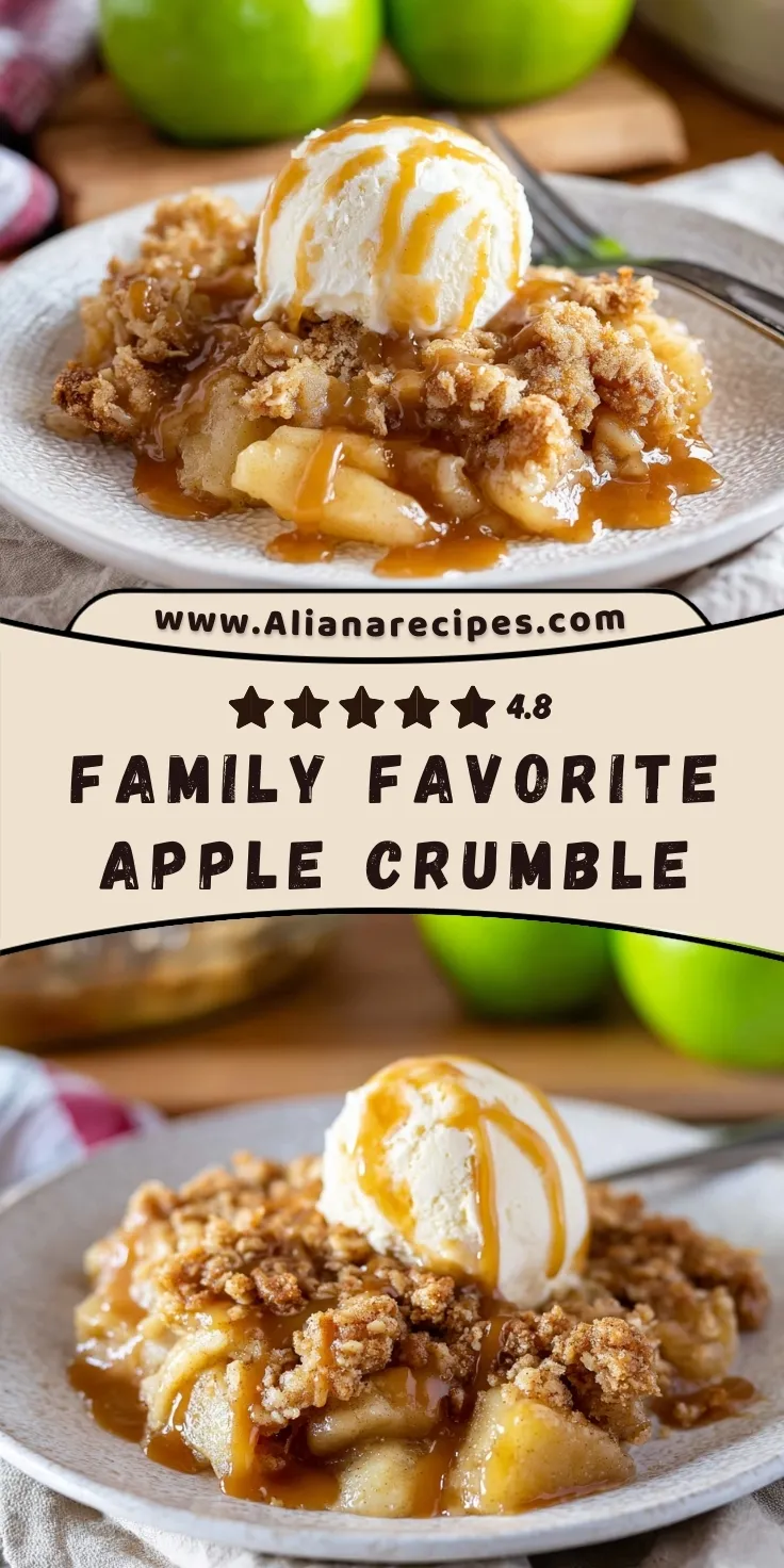 Apple crumble Pinterest pin with 4.8-star rating showing family favorite apple crumble with vanilla ice cream and caramel sauce, Aliana Recipes branding and fresh green apples