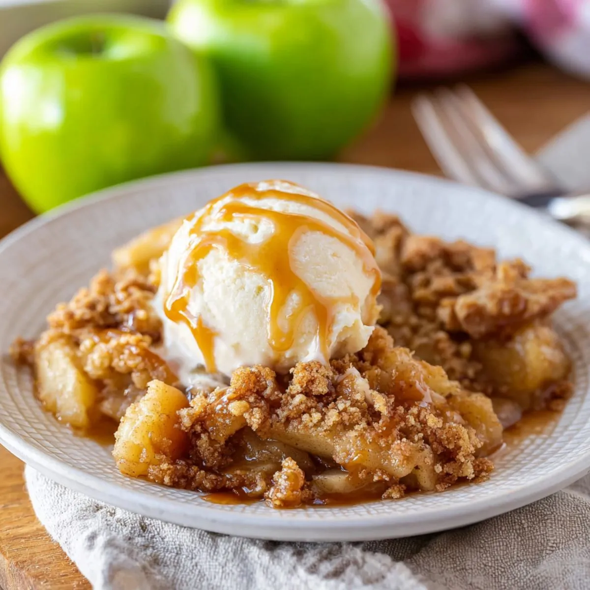 Apple crumble served on white plate with vanilla ice cream and caramel drizzle showing golden buttery topping and tender cinnamon apples with fresh green apples in background