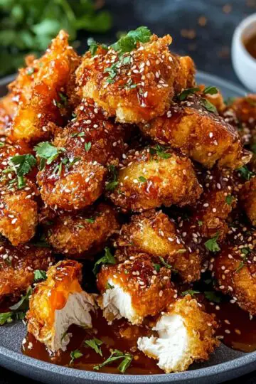 Bang bang chicken pieces with golden crispy coating glazed in sweet spicy sauce garnished with sesame seeds and fresh cilantro on dark plate