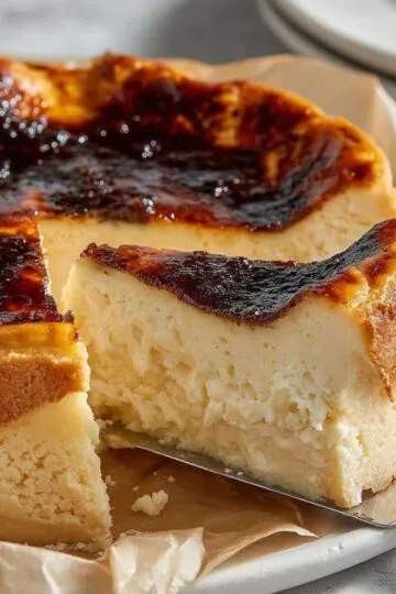 Basque burnt cheesecake slice being lifted with cake server showing creamy interior and deeply caramelized burnt top, classic basque cheesecake texture