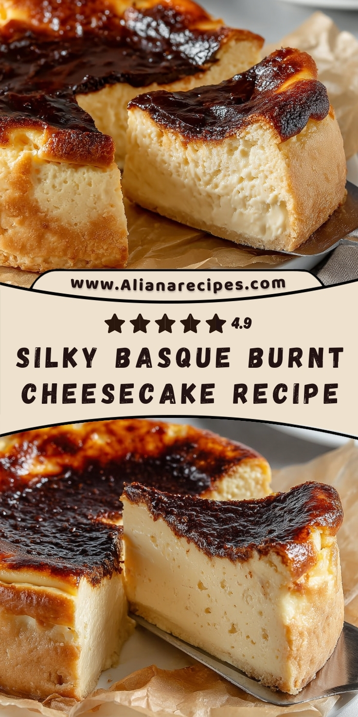 Basque burnt cheesecake Pinterest pin showing silky cheesecake slices with 4.9 star rating, featuring deeply caramelized burnt top and creamy custard interior
