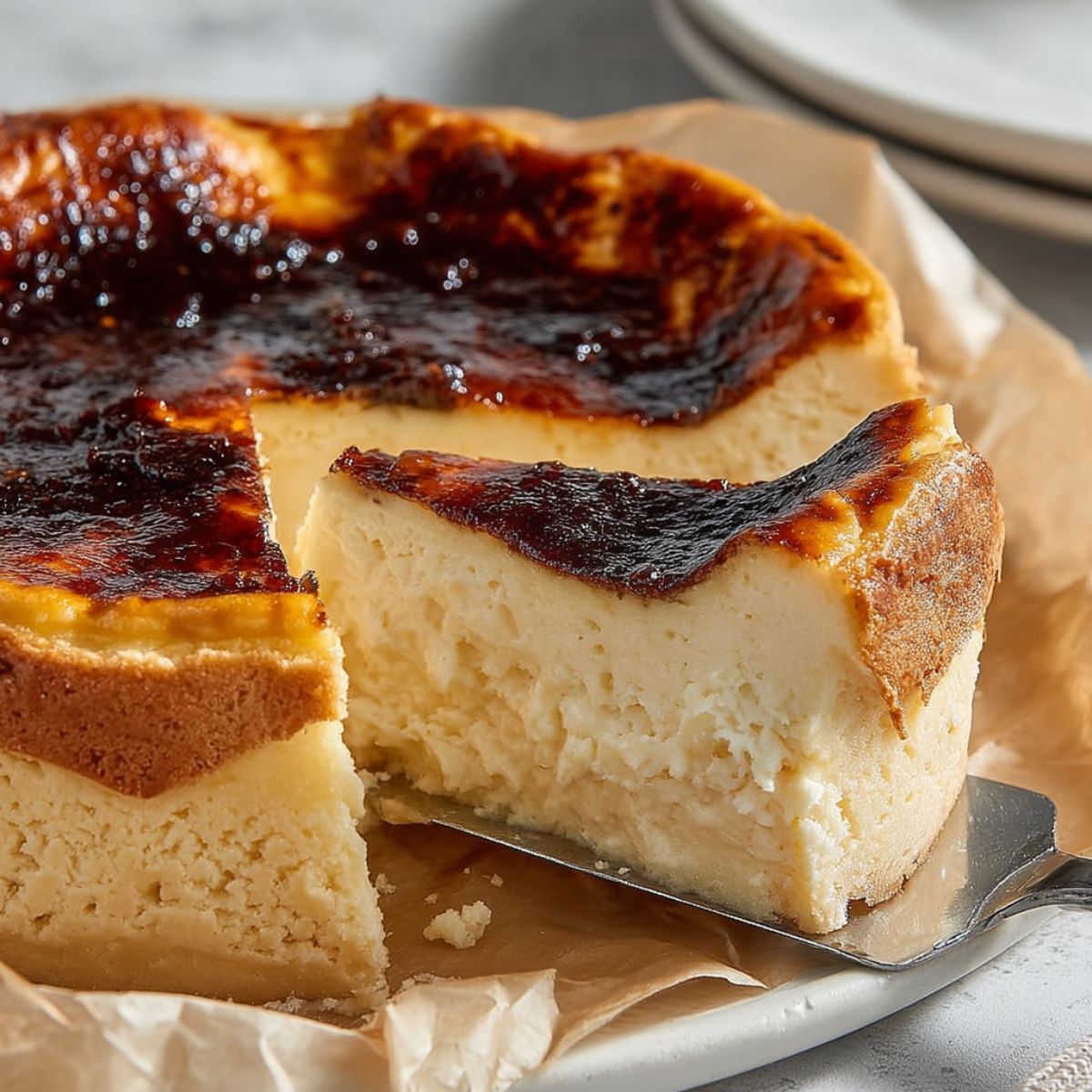Basque burnt cheesecake slice being lifted with cake server showing creamy interior and deeply caramelized burnt top, classic basque cheesecake texture