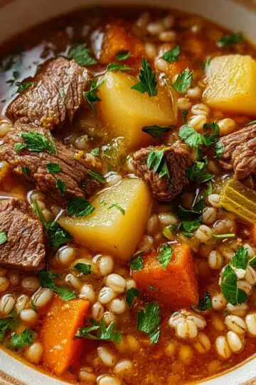 Beef barley soup in white bowl showing tender beef pieces, pearl barley, carrots, potatoes and fresh parsley in rich brown broth