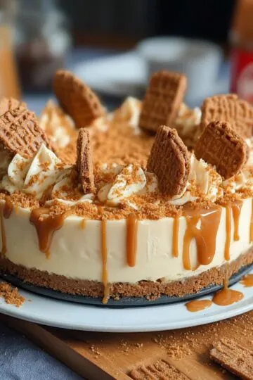 Biscoff cheesecake recipe pin showing finished dessert with text overlay for no-bake vegan cheesecake with lotus cookies