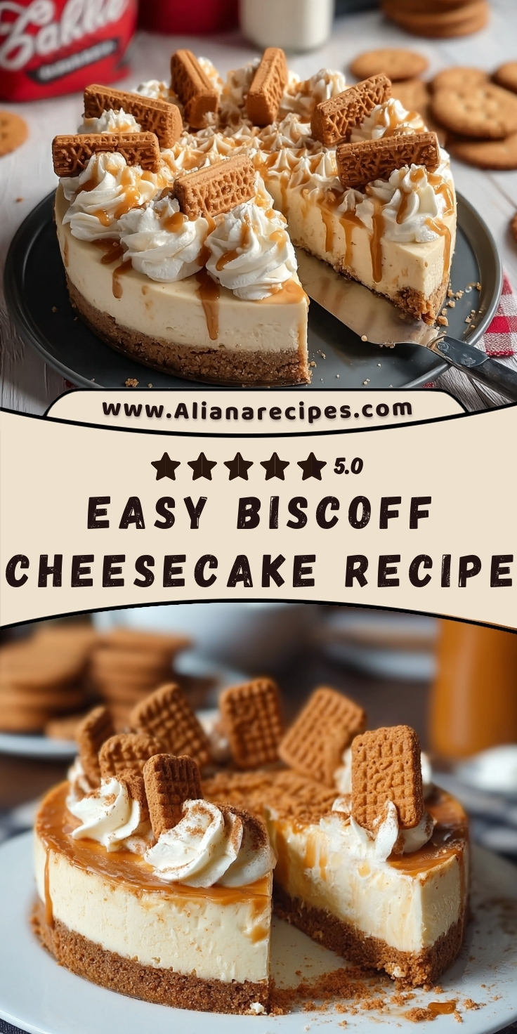 Biscoff cheesecake recipe Pinterest pin featuring easy biscoff cheesecake recipe with 5-star rating, Aliana Recipes branding, and appetizing food photography