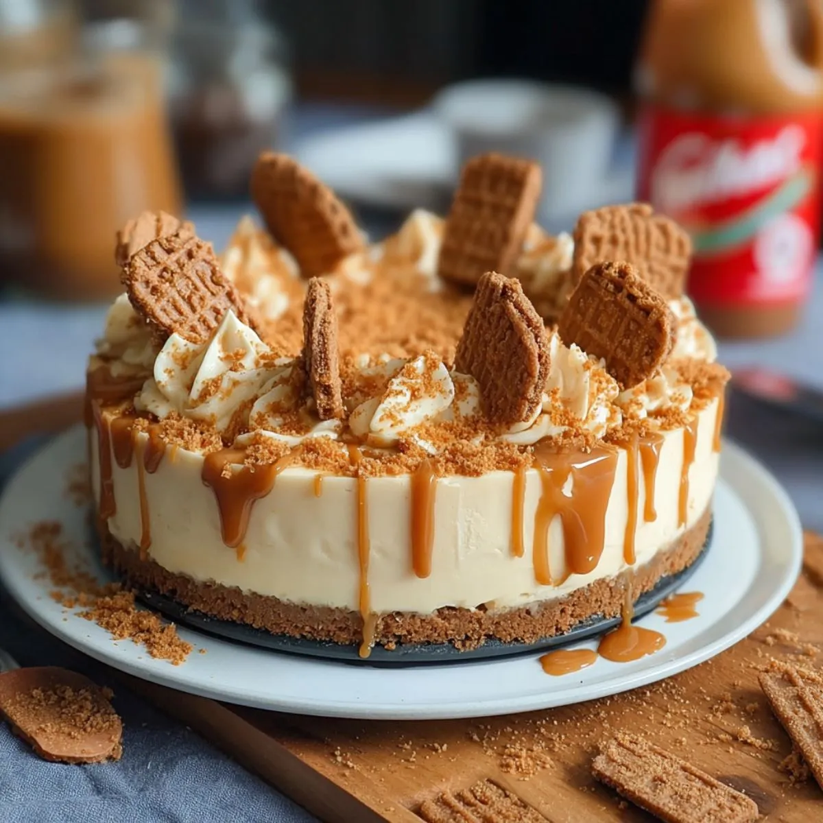 Biscoff cheesecake recipe pin showing finished dessert with text overlay for no-bake vegan cheesecake with lotus cookies