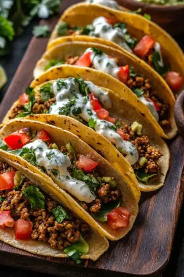 Black bean tacos arranged on wooden cutting board with seasoned black bean filling cilantro lime crema diced tomatoes and guacamole side
