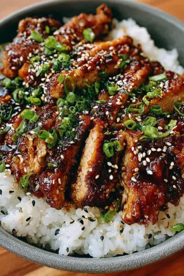 Black pepper chicken glazed with dark sauce served over white rice with black sesame seeds and fresh green onions in gray ceramic bowl