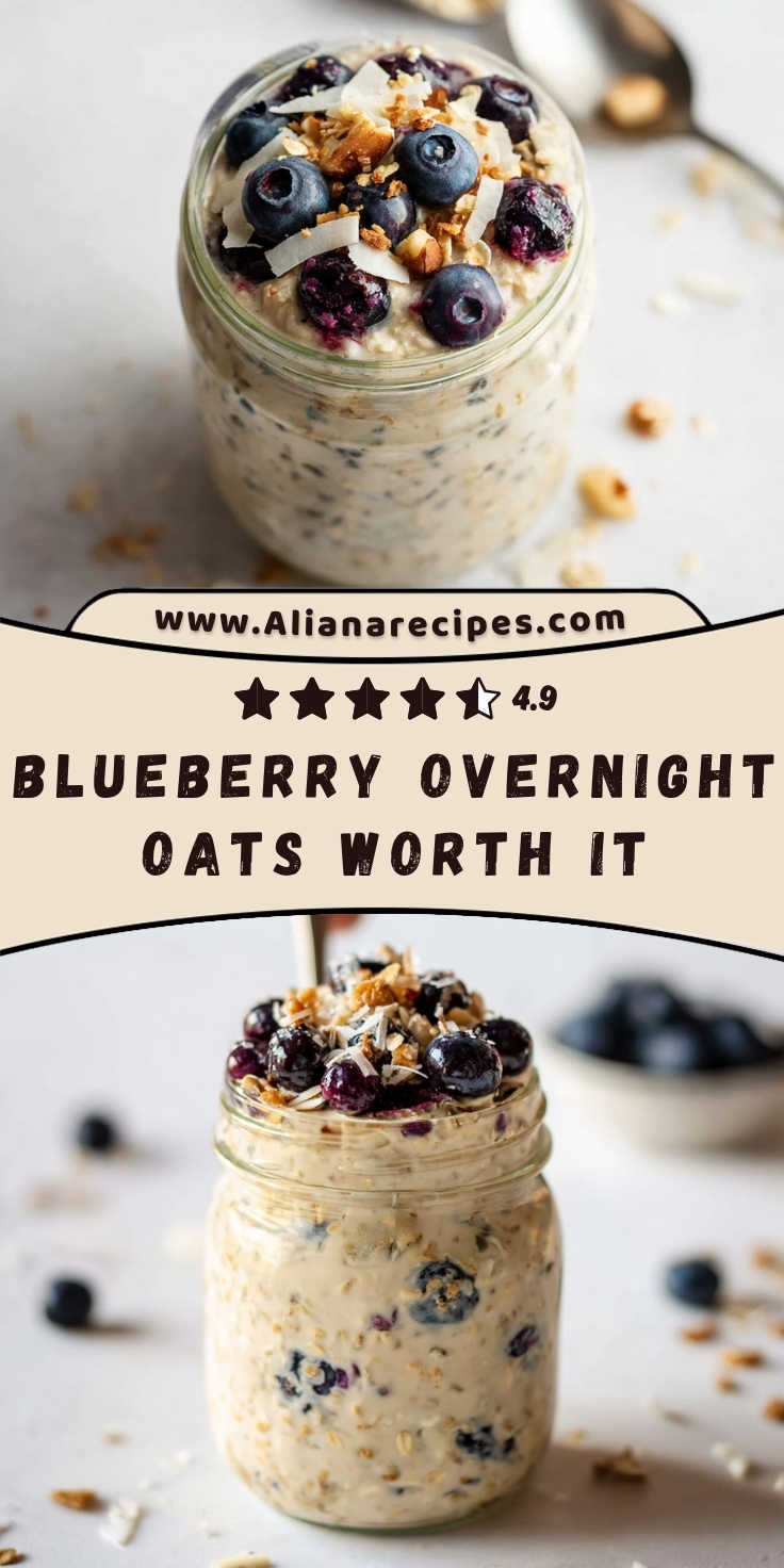 Blueberry overnight oats recipe in glass jars topped with fresh blueberries, coconut flakes, chopped walnuts, and chia seeds showing creamy oat mixture with purple berry swirls