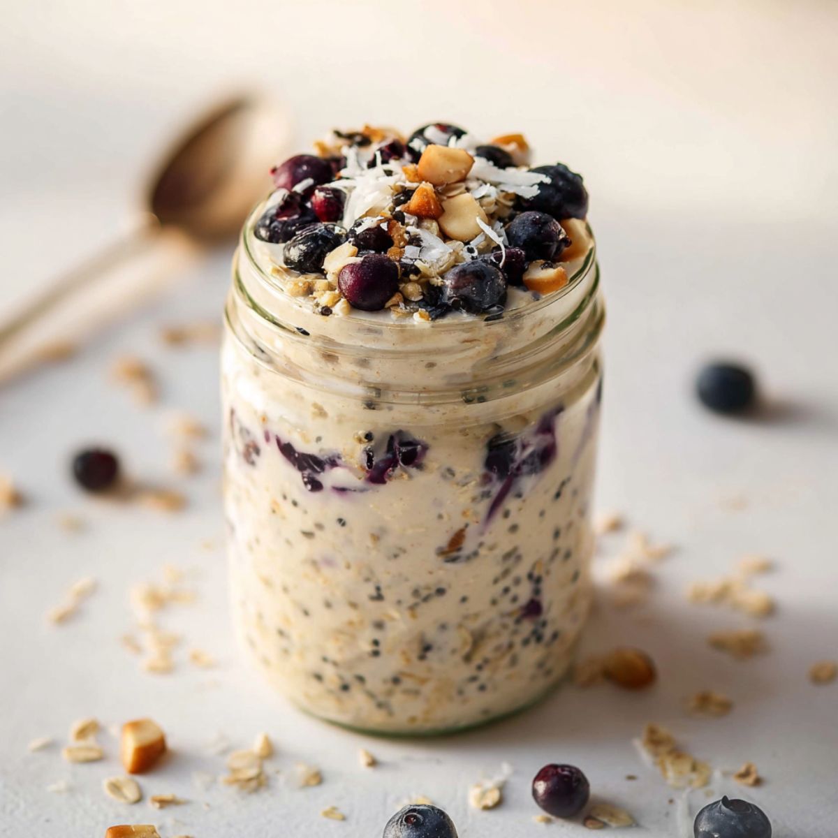 Blueberry overnight oats in glass jar with chia seeds, fresh blueberries, chopped nuts, and coconut flakes on top, showing creamy oat mixture with purple berry swirls throughout