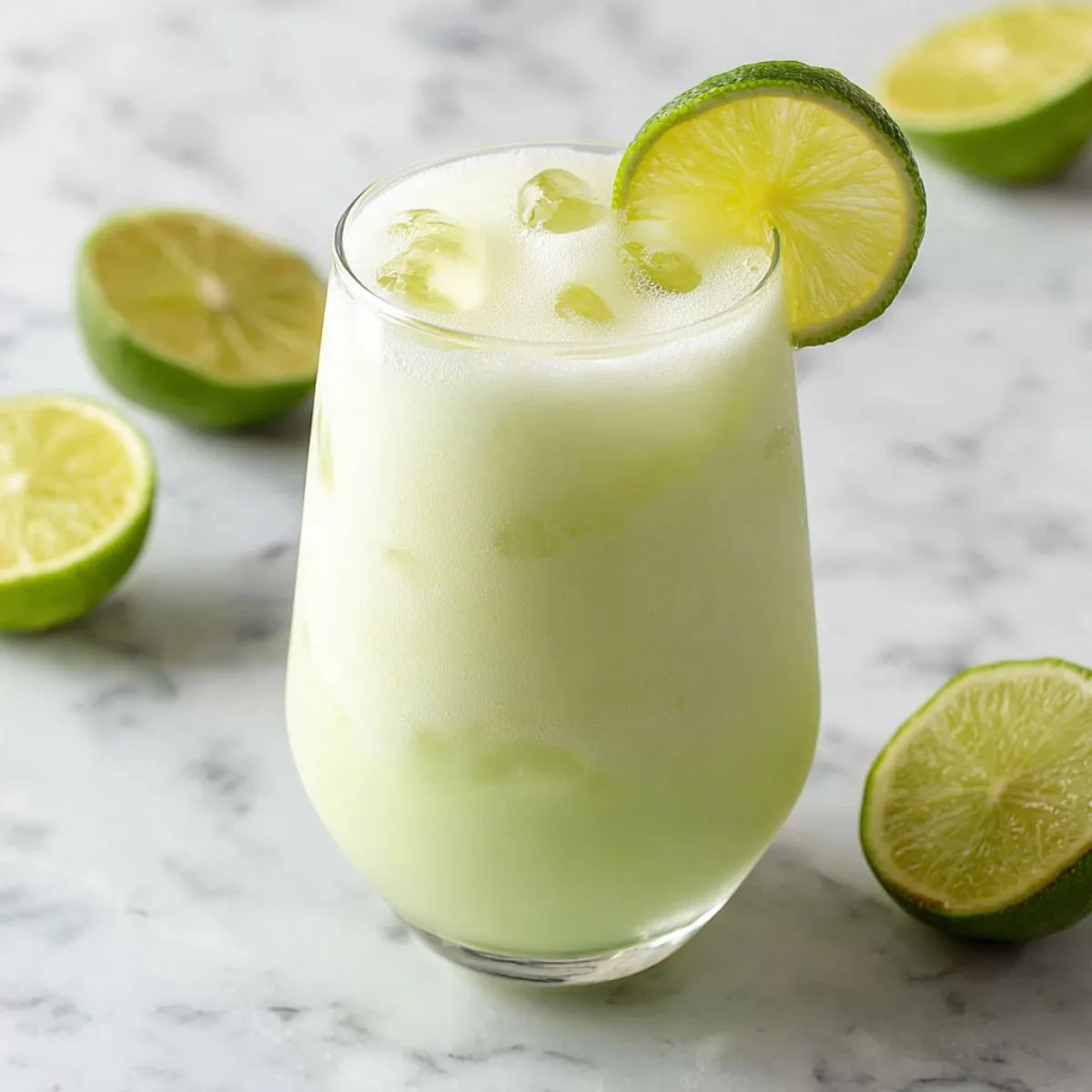 Brazilian lemonade in a tall glass with creamy pale green color garnished with fresh lime wheel and ice cubes with halved limes scattered on white marble background