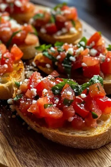 Bruschetta recipe showing toasted bread slices topped with fresh diced tomatoes basil and white cheese on wooden cutting board